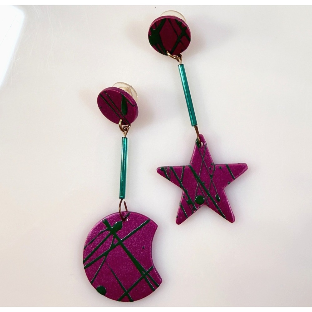 Whimsical Statement Earrings Artisan Star Moon Dangle Fuchsia Green Lightweight
